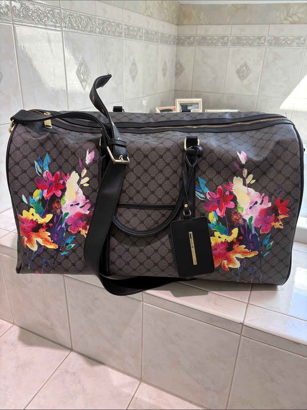 Steve Madden Floral Print Large Weekender Black Bag